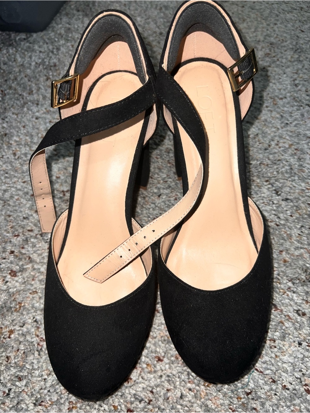 LOFT Black Suede Cross-Strap Heels with Gold Buckle